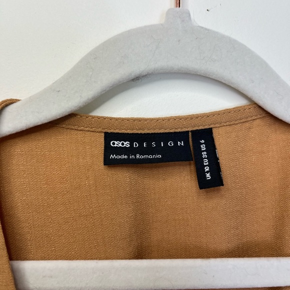 ASOS Design Tan Peplum Wrap Top US 6 Deep V Neck Long Sleeve Boho Fall Romantic - Picture 7 of 10